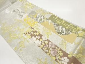 引箔短冊に鶴・花々模様織出し袋帯